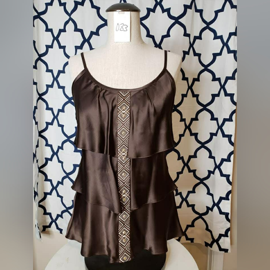White House Black Market Brown Embellished Ruffle Tank